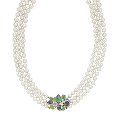 Lot 38 - Triple Strand Cultured Pearl Necklace with Gold, Cabochon Colored Stone and Diamond Clasp