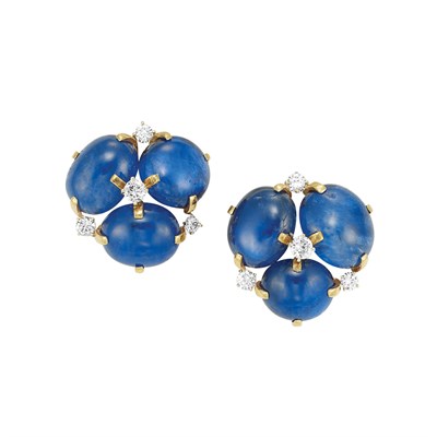 Lot 142 - Pair of Gold, Cabochon Sapphire and Diamond Earclips