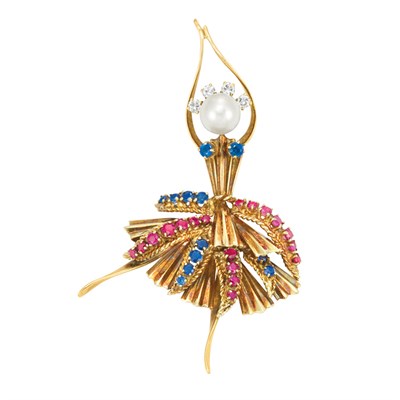 Lot 45 - Gold, Diamond, Ruby, Sapphire, Diamond and Cultured Pearl Ballerina Brooch