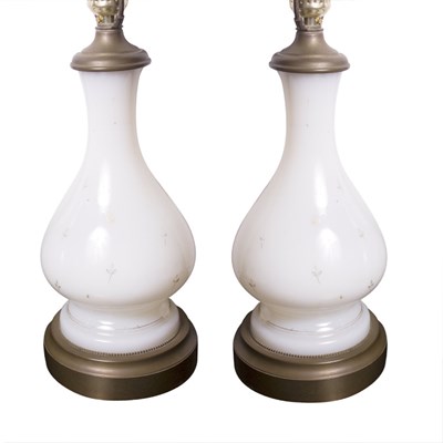 Lot 385 - Pair of Gilt Decorated Milk Glass Lamps Height...