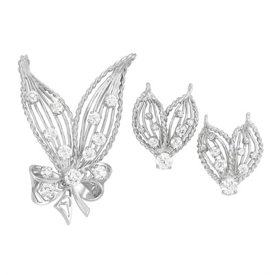 Lot 161 - Platinum and Diamond Leaf Brooch and Pair of Earclips