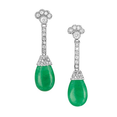 Lot 36 - Pair of White Gold, Diamond and Jade Pendant-Earrings