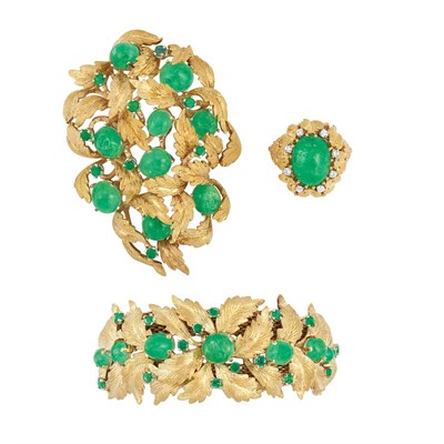 Lot 193 - Gold and Emerald Bracelet and Clip-Brooch and Cabochon Emerald and Diamond Ring