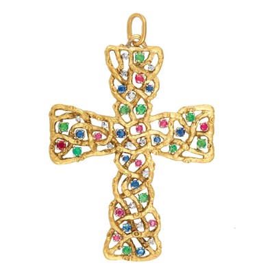 Lot 124 - Gold, Colored Stone and Diamond Cross Pendant