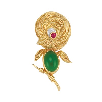 Lot 490 - Gold, Green Onyx, Diamond and Ruby Bird Clip-Brooch, Van Cleef & Arpels