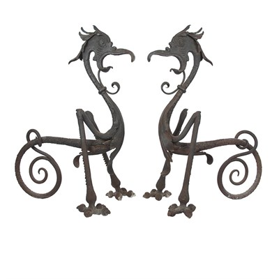 Lot 433 - Pair of Wrought Iron Andirons Each of dragon...