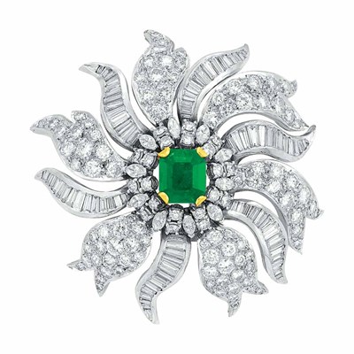 Lot 503 - Diamond and Emerald Flower Pendant-Brooch