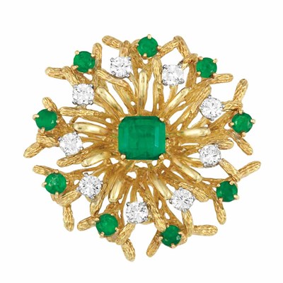 Lot 139 - Gold, Emerald and Diamond Flower Brooch