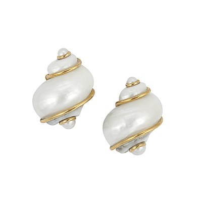 Lot 136 - Pair of Gold, Shell and Cultured Pearl Earclips, Seaman Schepps