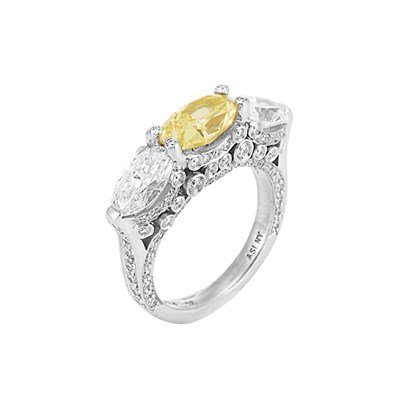 Lot 590 - Platinum, Fancy Yellow Diamond and Diamond Ring