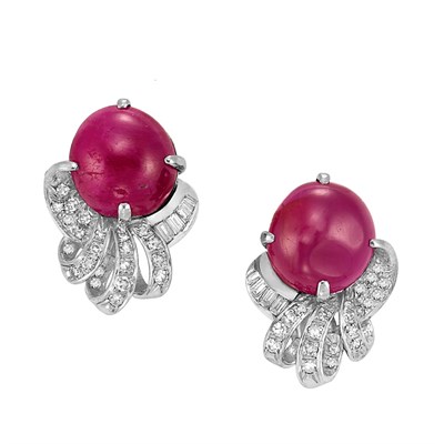 Lot 533 - Pair of Platinum, Cabochon Ruby and Diamond Earrings