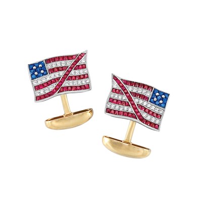 Lot 267 - Pair of Platinum, Gold, Sapphire, Ruby and Diamond American Flag Cufflinks
