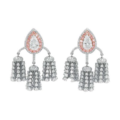 Lot 501 - Pair of White Gold, Diamond and Pink Diamond Pendant-Earrings
