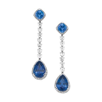 Lot 521 - Pair of White Gold, Tanzanite and Diamond Pendant-Earrings