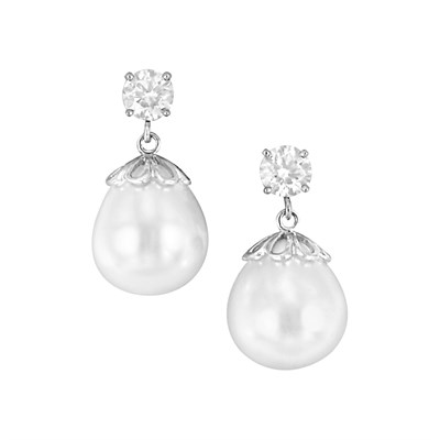 Lot 499 - Pair of Platinum, Cultured Pearl and Diamond Pendant-Earrings