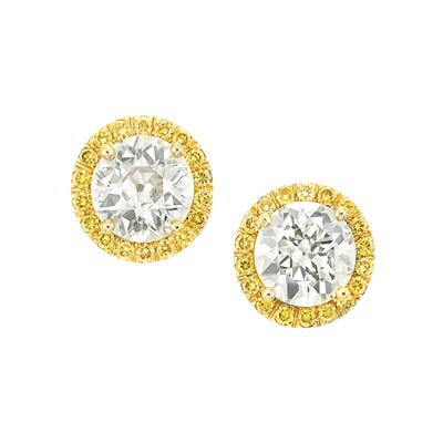 Lot 427 - Pair of Gold, Diamond and Yellow Diamond Stud Earrings