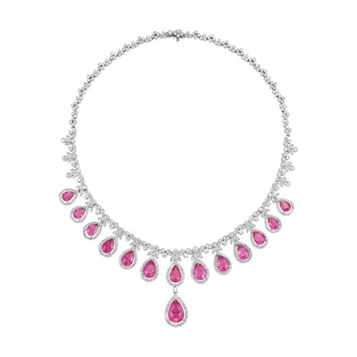 Lot 519 - White Gold, Diamond and Pink Tourmaline Fringe Necklace