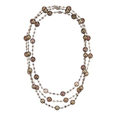 Lot 502 - Three Blackened Gold, Brown Cultured Pearl and Brown Diamond Chain Necklaces