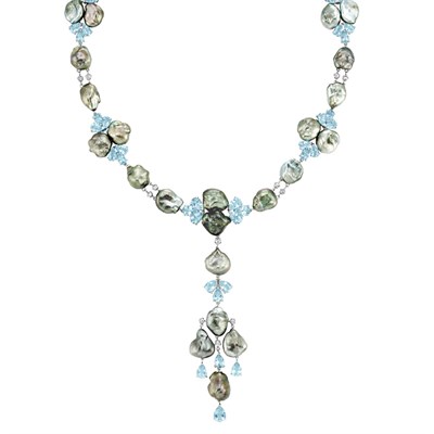 Lot 104 - White Gold, Black and Gray Keshi Pearl, Aquamarine and Diamond Pendant- Necklace