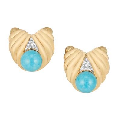 Lot 192 - Pair of Gold, Turquoise and Diamond Earclips