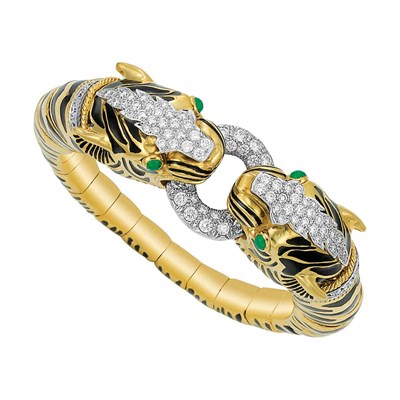 Lot 582 - Gold, Platinum, Black Enamel and Diamond Tiger Bangle Bracelet, David Webb