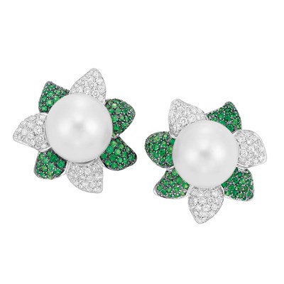 Lot 67 - Pair of Platinum, Cultured Pearl, Diamond and Green Garnet Flower Earclips
