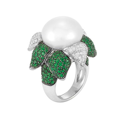 Lot 69 - Platinum, Cultured Pearl, Diamond and Green Garnet Flower Ring
