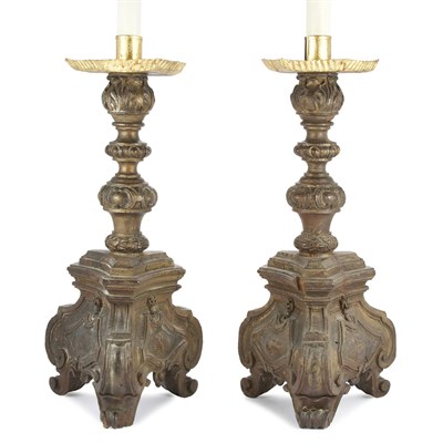 Lot 286 - Pair of Baroque Style Parcel Gilt Oak Lamps...