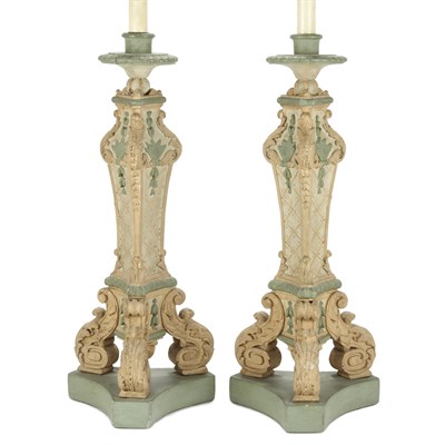 Lot 332 - Pair of Italian Cream and Green Painted Wood...