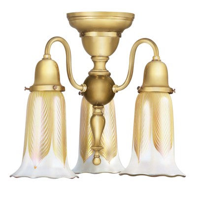 Lot 463 - Quezal Glass and Brass Three-Light Ceiling...