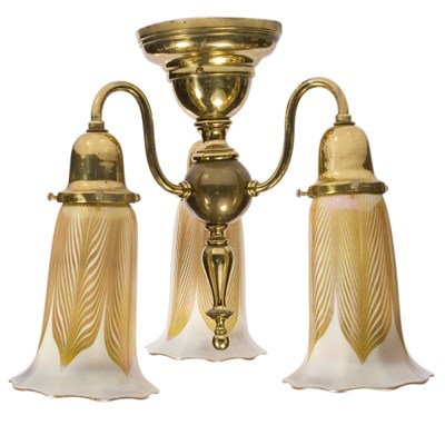 Lot 466 - Quezal Glass and Brass Three-Light Ceiling...