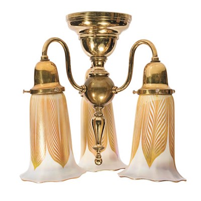 Lot 468 - Quezal Glass and Brass Three-Light Ceiling...