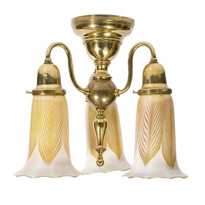 Lot 465 - Quezal Glass and Brass Three-Light Ceiling...