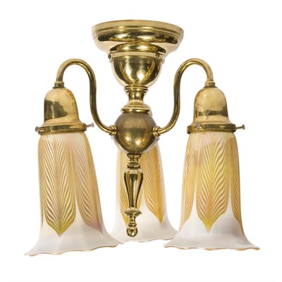 Lot 469 - Quezal Glass and Brass Three-Light Ceiling...