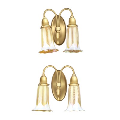 Lot 467 - Pair of Quezal Glass and Brass Two-Light...