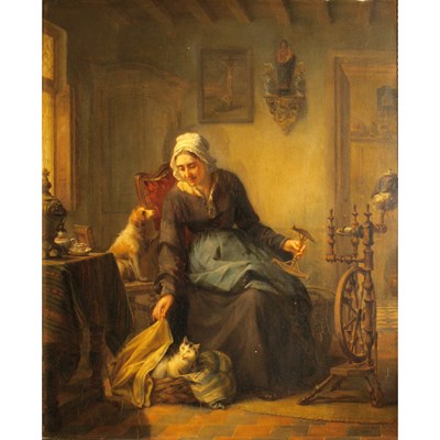 Lot 43 - Dutch School 19th Century Woman Spinning...