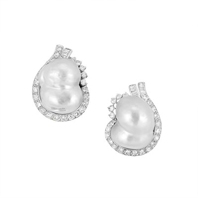Lot 304 - Pair of White Gold, Baroque Cultured Pearl and Diamond Earclips