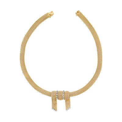 Lot 259 - Gold Mesh and Diamond Slide-Brooch Necklace