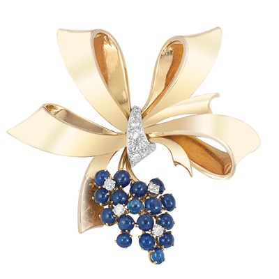 Lot 205 - Gold, Platinum, Cabochon Sapphire and Diamond Bow Clip-Brooch