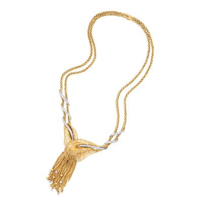Lot 449 - Double Strand Gold, Platinum and Diamond Fringe Necklace