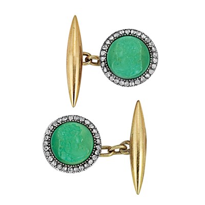 Lot 195 - Pair of Antique Gold, Silver, Chrysoprase Cameo and Diamond Cufflinks