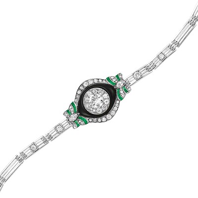 Lot 326 - Platinum, Gold, Diamond, Black Onyx and Emerald Bracelet