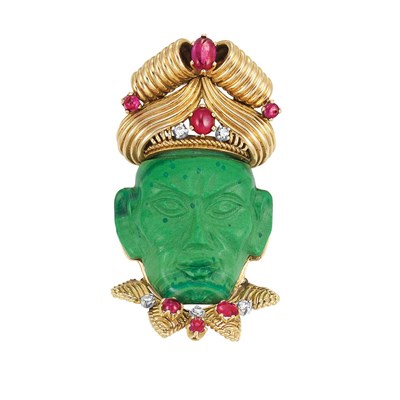 Lot 311 - Gold, Carved Malachite, Ruby and Diamond Clip-Brooch