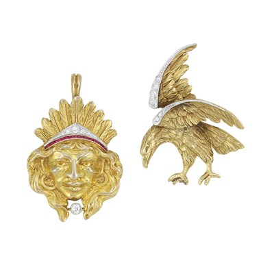 Lot 30 - Gold, Platinum, Ruby and Diamond Indian Head Pendant and Eagle Brooch