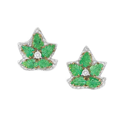 Lot 162 - Pair of Platinum, Gold, Carved Emerald and Diamond Earrings
