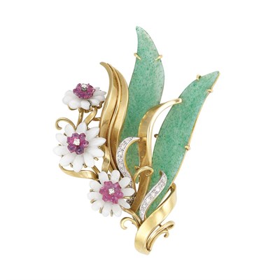 Lot 76 - Gold, Carved Aventurine Quartz, Light Blue Chalcedony and Pink Tourmaline and Diamond Brooch