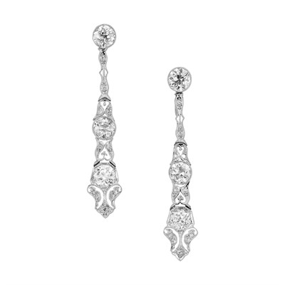 Lot 626 - Pair of Belle Epoque Platinum and Diamond Pendant-Earclips