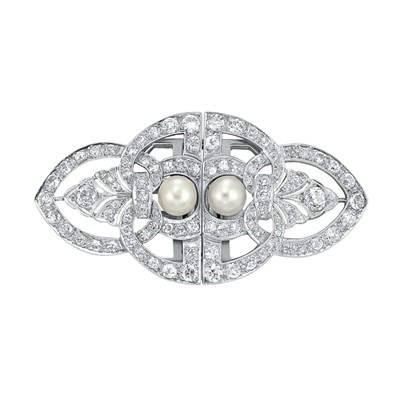 Lot 592 - Platinum, Cultured Pearl and Diamond Double Clip-Brooch