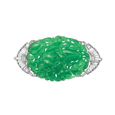 Lot 619 - Platinum, Carved Jade and Diamond Brooch