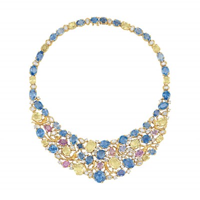 Lot 453 - Gold, Multicolored Sapphire and Diamond Bib Necklace, Julius Cohen